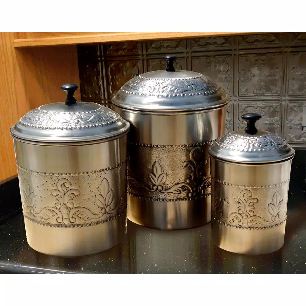 Old Dutch Victoria 3-Piece Antique Pewter Embossed Steel Canister Set - Image 2