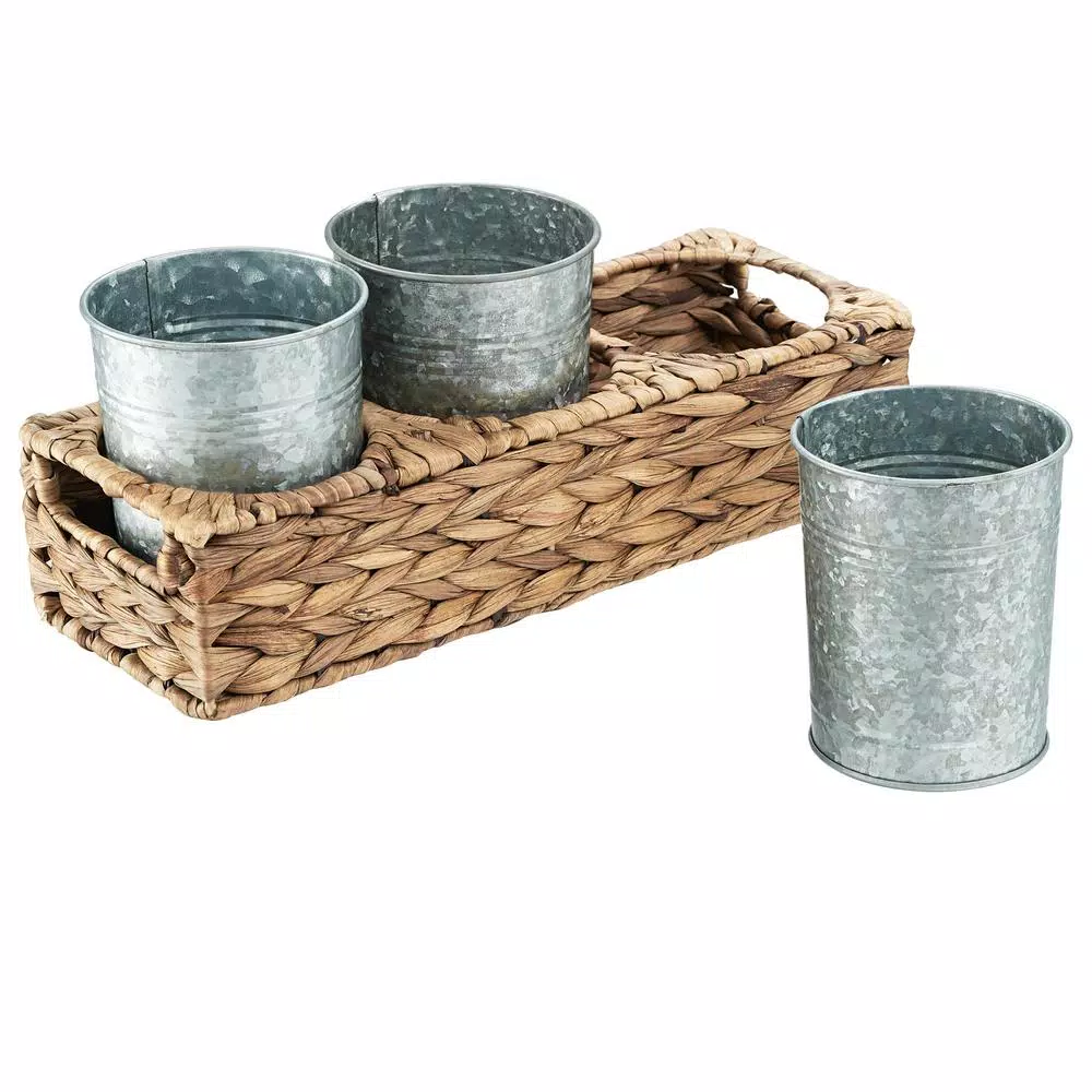 Artland Garden Terrace Flatware Caddy 13.75×5.x5.5, Water Hyacinth And 3 Galvanized Cups