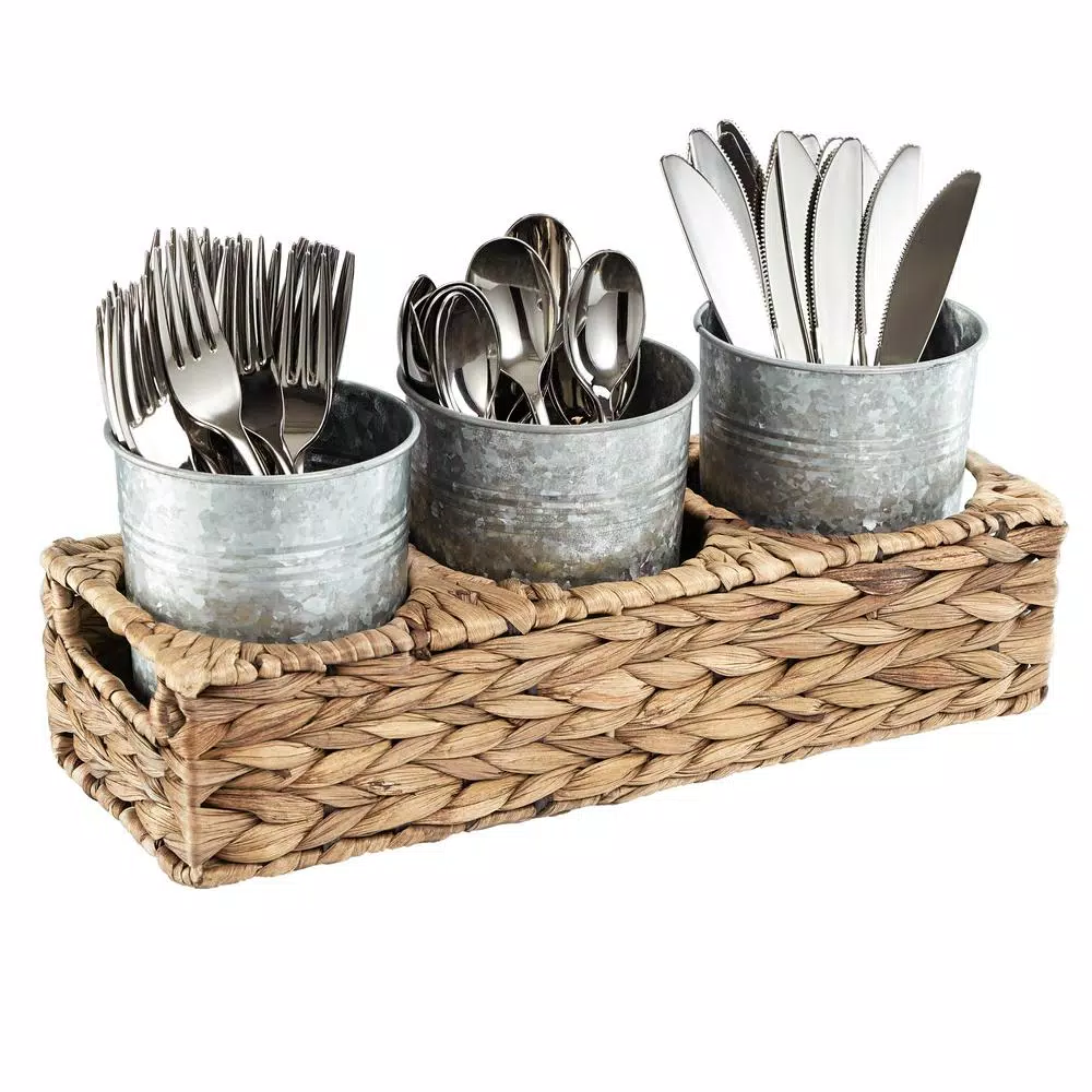 Artland Garden Terrace Flatware Caddy 13.75×5.x5.5, Water Hyacinth And 3 Galvanized Cups - Image 2