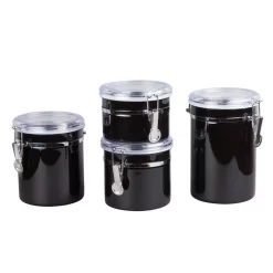 Creative Home Set Of 4-Pieces Black Stainless Steel Canister Storage Container With Air Tight Lid And Locking Clamp