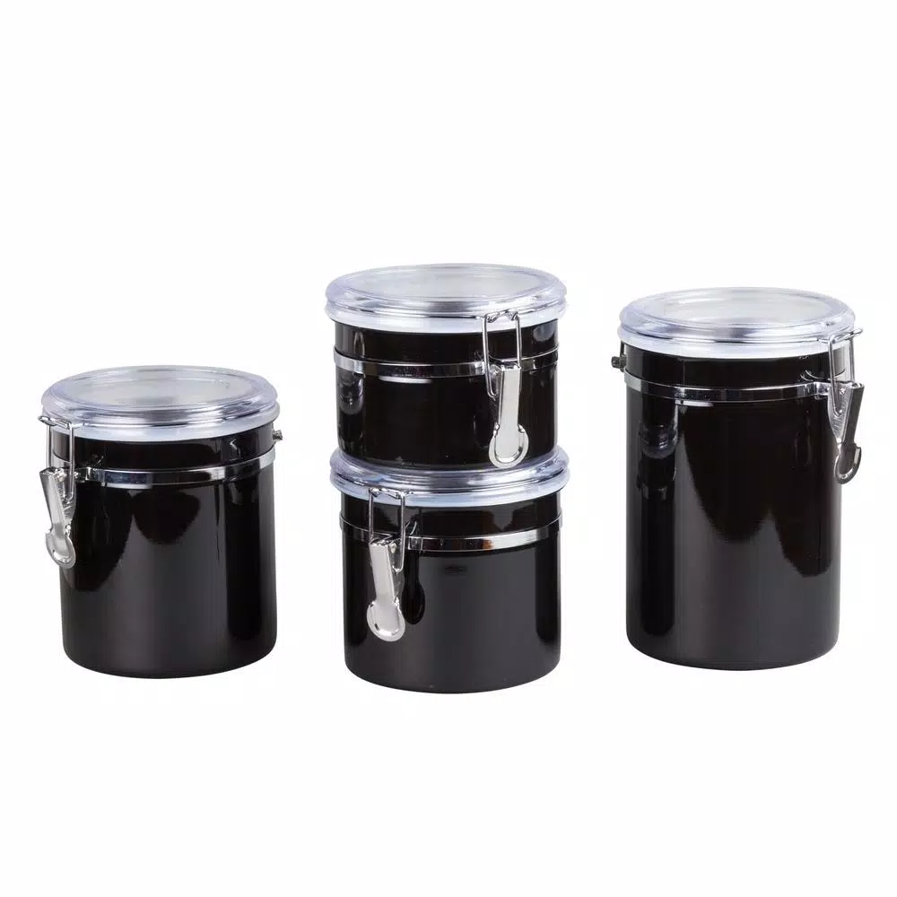 Creative Home Set Of 4-Pieces Black Stainless Steel Canister Storage Container With Air Tight Lid And Locking Clamp