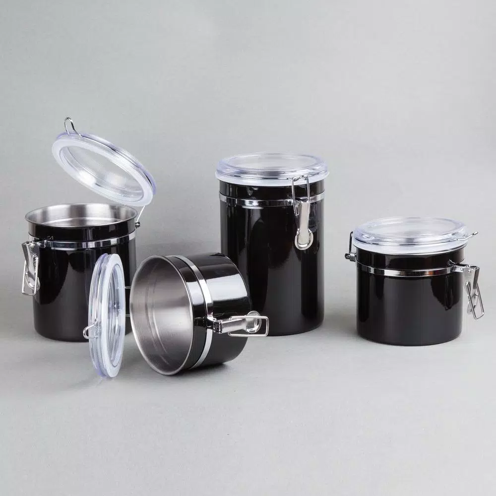 Creative Home Set Of 4-Pieces Black Stainless Steel Canister Storage Container With Air Tight Lid And Locking Clamp - Image 2