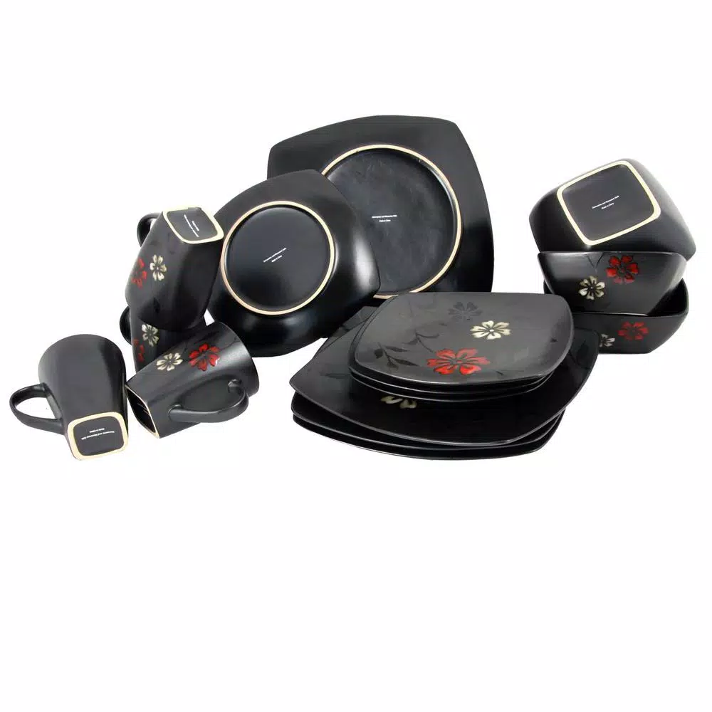 GIBSON Elite Evening Blossom 16-Piece Casual Black Stoneware Dinnerware Set (Service For 4) - Image 4