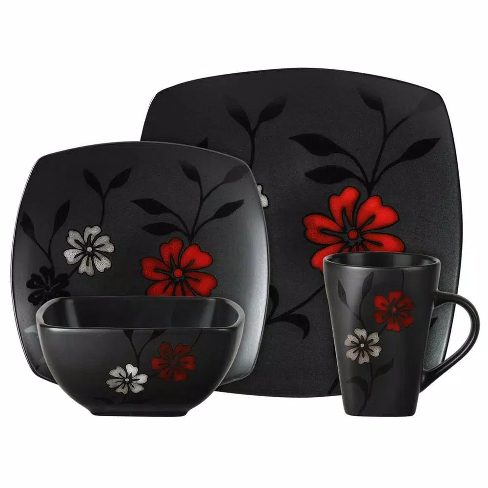 GIBSON Elite Evening Blossom 16-Piece Casual Black Stoneware Dinnerware Set (Service For 4)