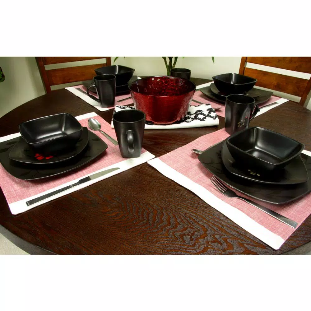 GIBSON Elite Evening Blossom 16-Piece Casual Black Stoneware Dinnerware Set (Service For 4) - Image 3