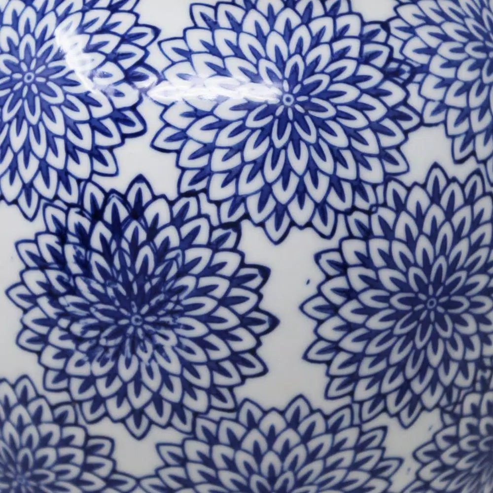 Benjara Blue And White Ceramic Temple Jar With Covered Top Lid - Image 4