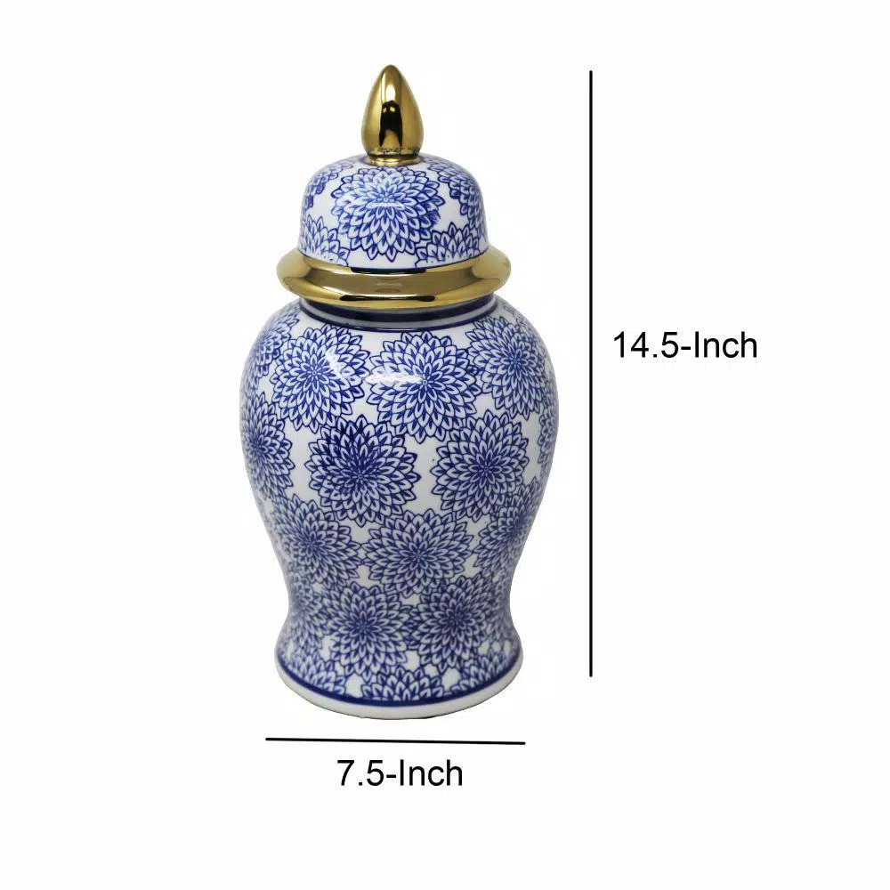 Benjara Blue And White Ceramic Temple Jar With Covered Top Lid - Image 5