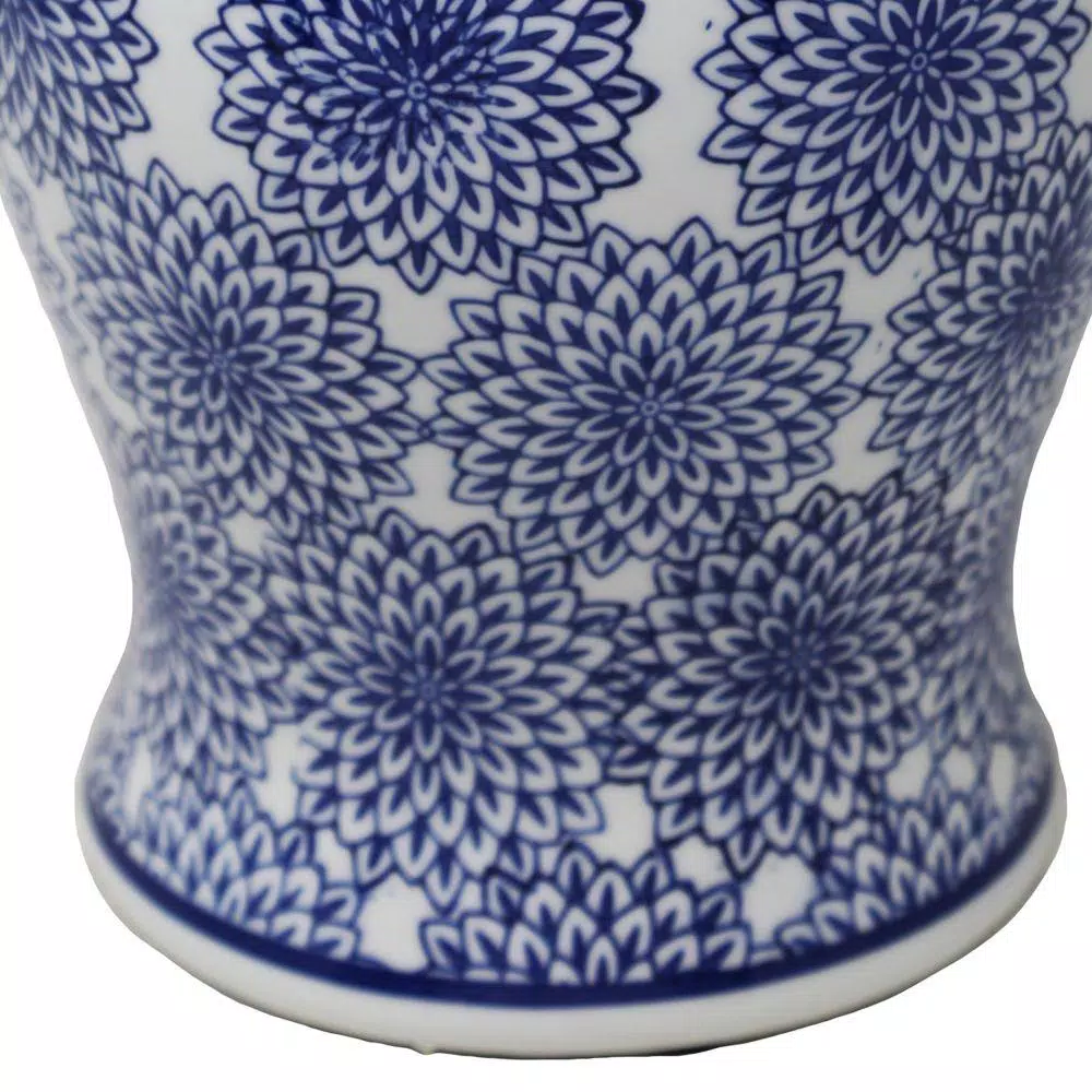 Benjara Blue And White Ceramic Temple Jar With Covered Top Lid - Image 3