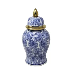 Benjara Blue And White Ceramic Temple Jar With Covered Top Lid