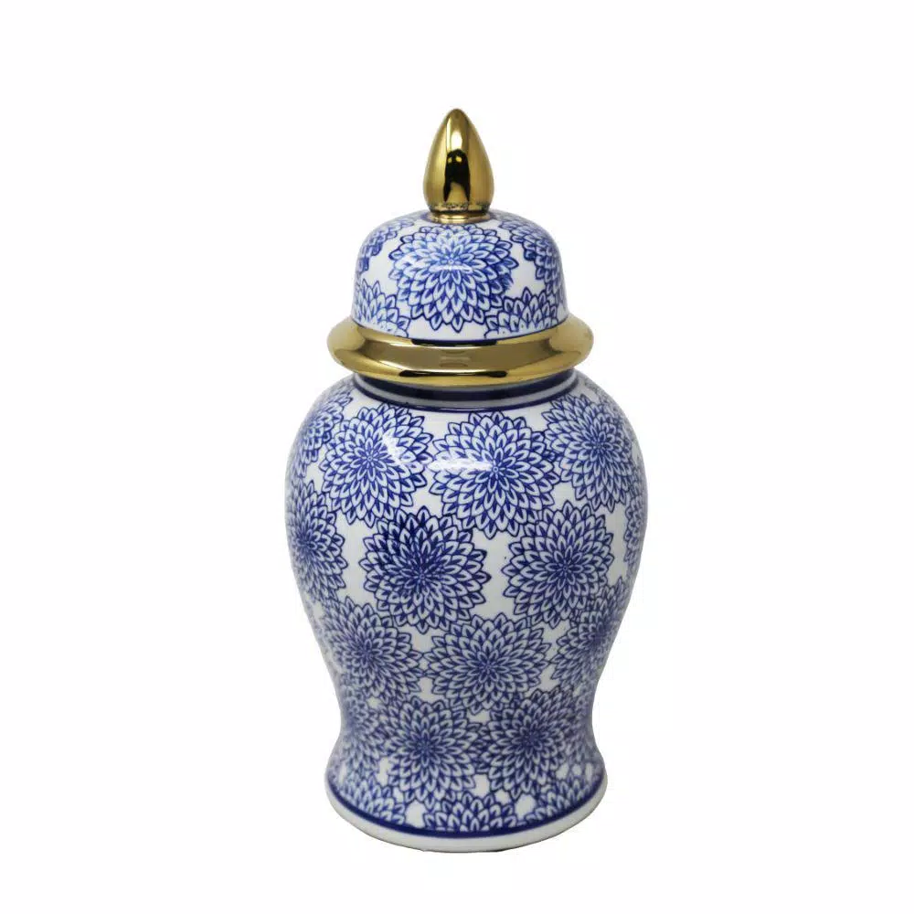 Benjara Blue And White Ceramic Temple Jar With Covered Top Lid