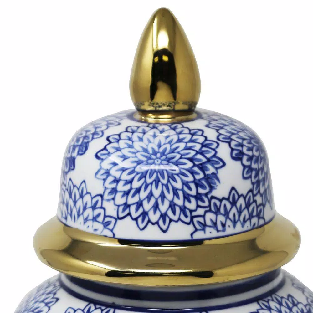 Benjara Blue And White Ceramic Temple Jar With Covered Top Lid - Image 2