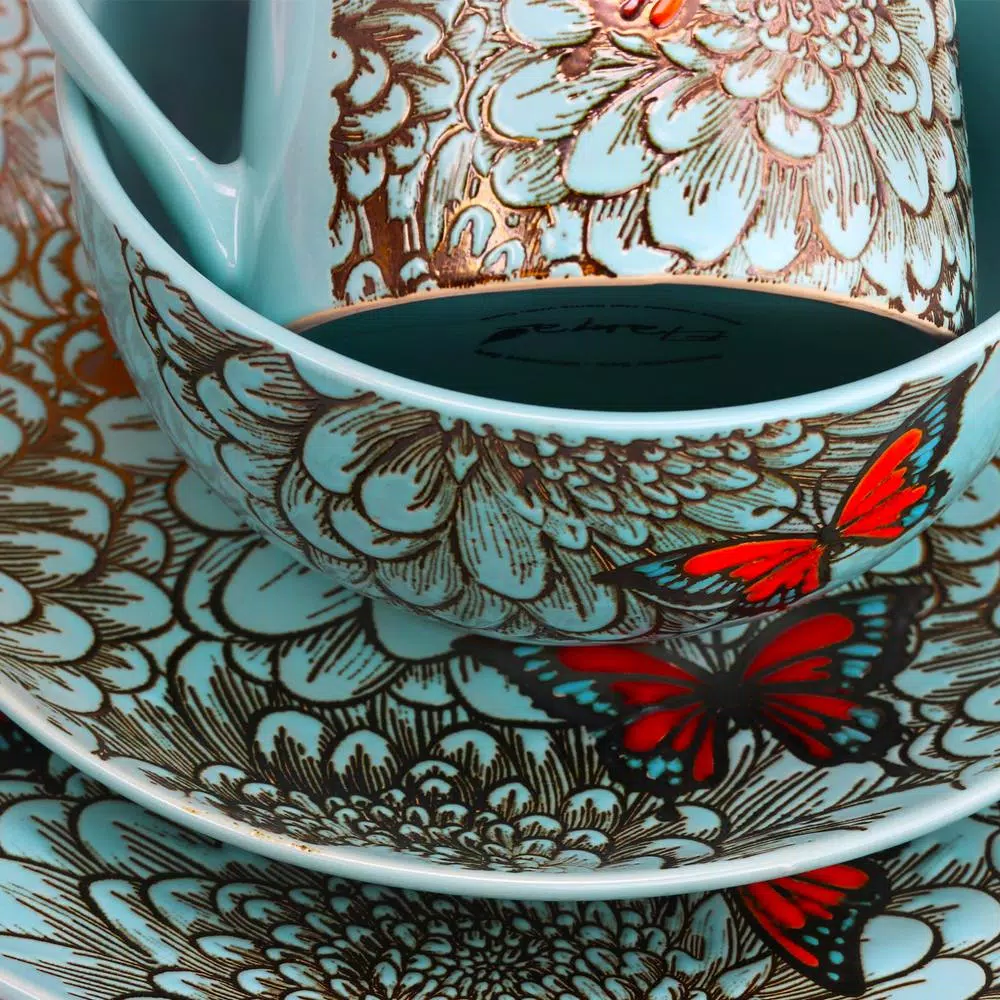 Elama Butterfly Garden 16-Piece Contemporary Blue Stone Dinnerware Set (Service For 4) - Image 2