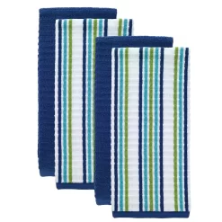 RITZ T-fal Blue Solid And Stripe Cotton Waffle Terry Kitchen Towel (Set Of 4)