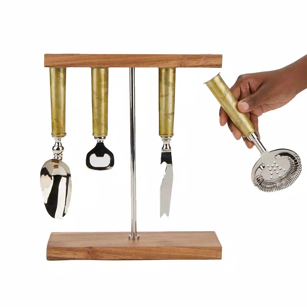 Mind Reader Galvanized Bar Set With Organizer Stand For Perfect Bartending Kit Silver 4-Piece Bar Set Stand - Image 3