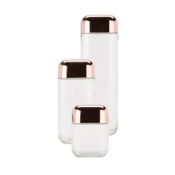 Honey-Can-Do 3-Piece 550ml, 1100ml And 1700ml Square Glass Storage Jar Set With Rose Gold With Twist Lids