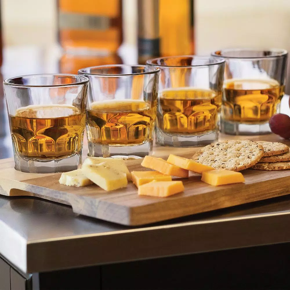 Libbey Craft Spirits 5.5 Oz. Whiskey Flight Glass Set With Wood Carrier (4-Pack)