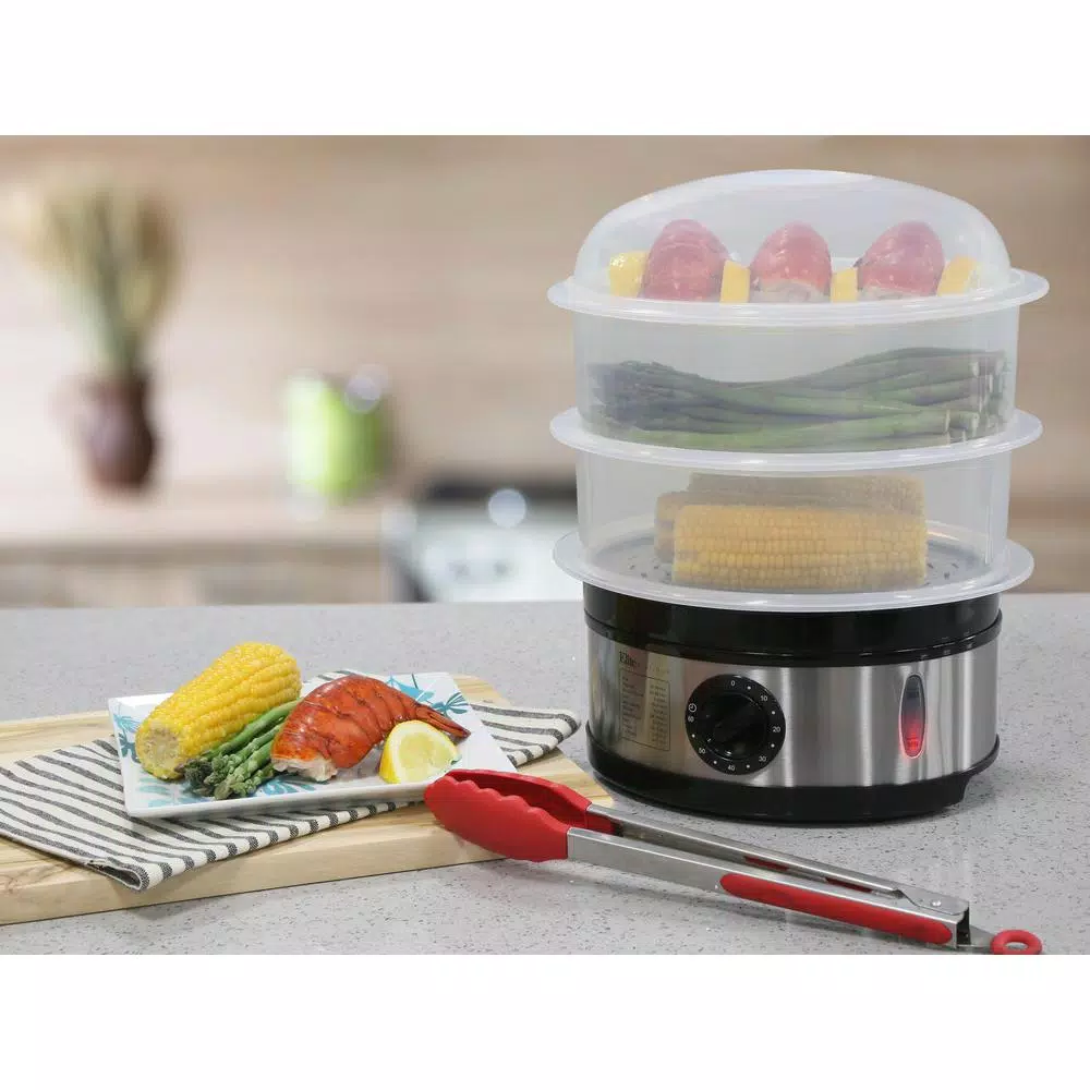 Elite 8.5 Qt. Stainless Steel Plastic 3-Tier Food Steamer - Image 3