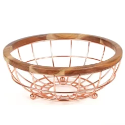 Creative Home Deluxe Acacia Copper Plated Wood And Iron Wire Fruit Basket Fruit Bowl