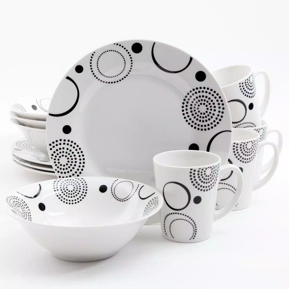 Gibson Home 12-Piece Mid-century Decorated With Black Geometric Design On White Porcelain Dinnerware Set (Service For 4)