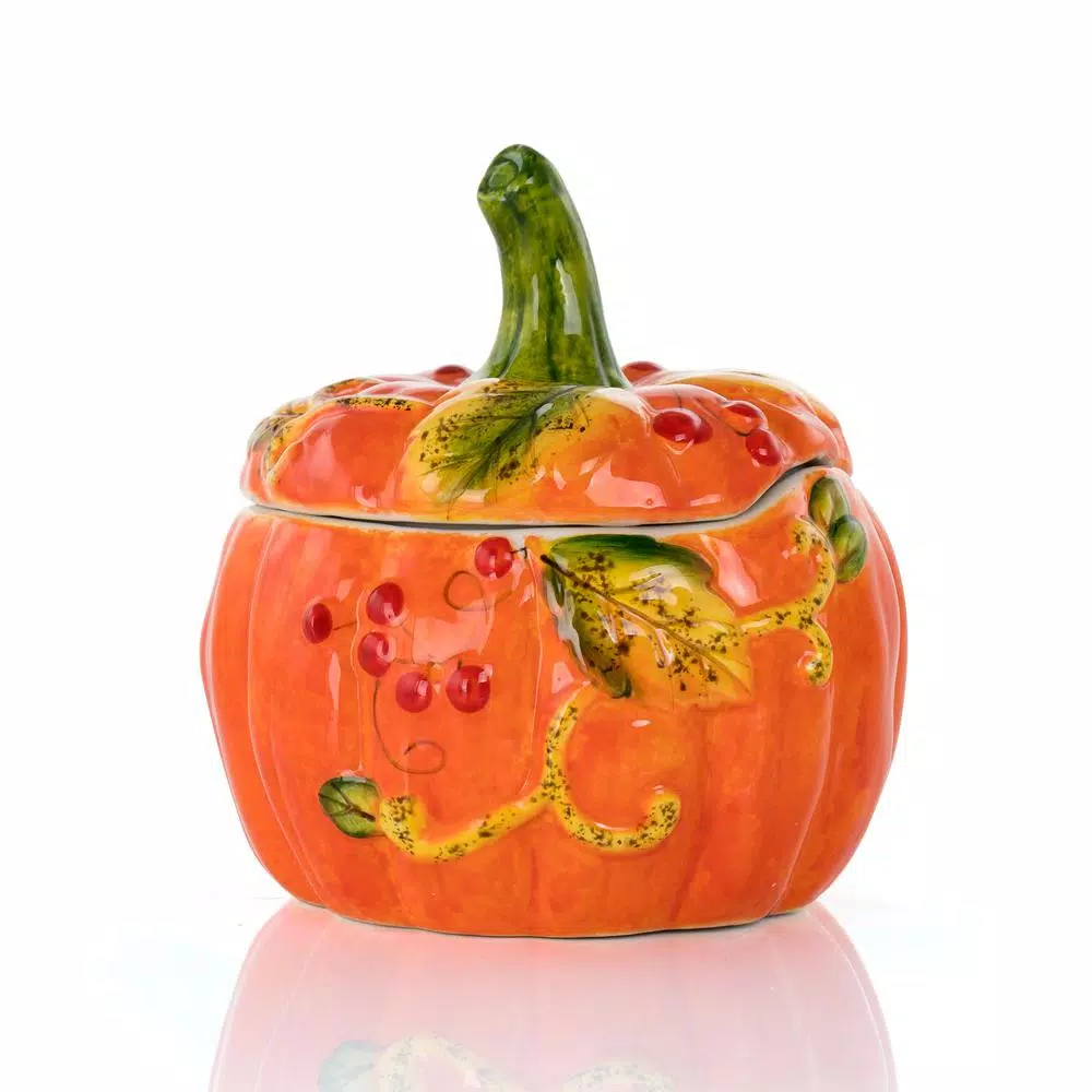 Gibson Home Stoneware Pumpkin Cookie Jar In Orange With Lid - Image 3