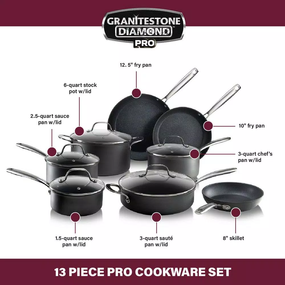 GRANITESTONE Professional 13-Piece Aluminum Hard Anodized Diamond And Mineral Coating Ultimate Nonstick Premium Cookware Set - Image 3