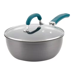 Rachael Ray Create Delicious 10 In. Hard-Anodized Aluminum Nonstick Skillet In Gray With Teal Handles With Glass Lid