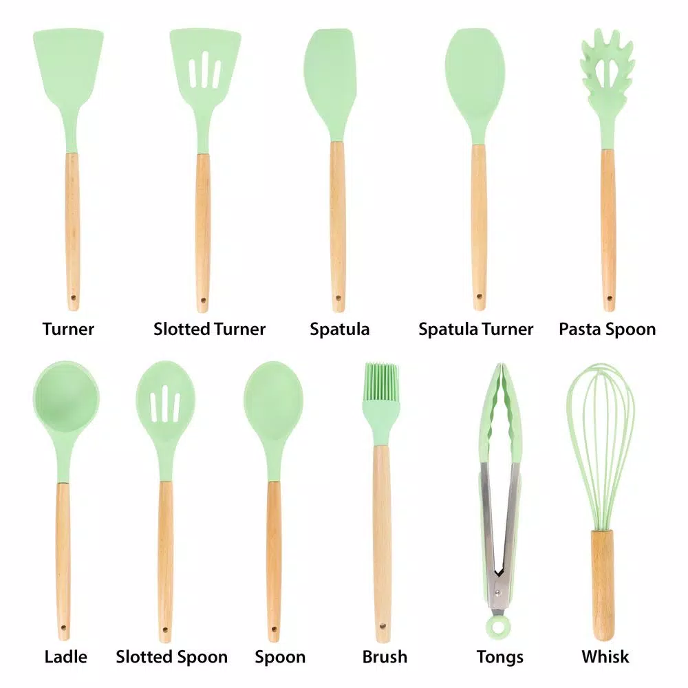 MegaChef Mint Green Silicone And Wood Cooking Utensils (Set Of 12) - Image 4
