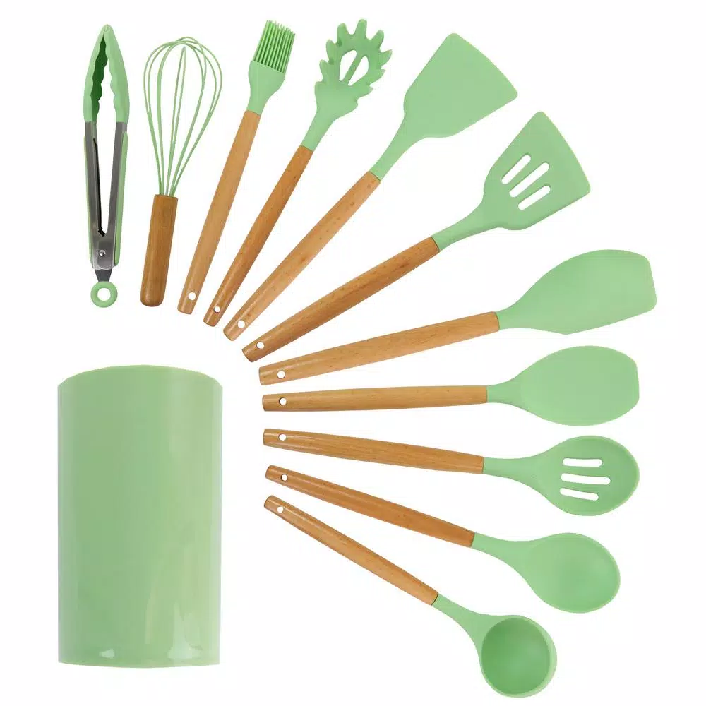 MegaChef Mint Green Silicone And Wood Cooking Utensils (Set Of 12)