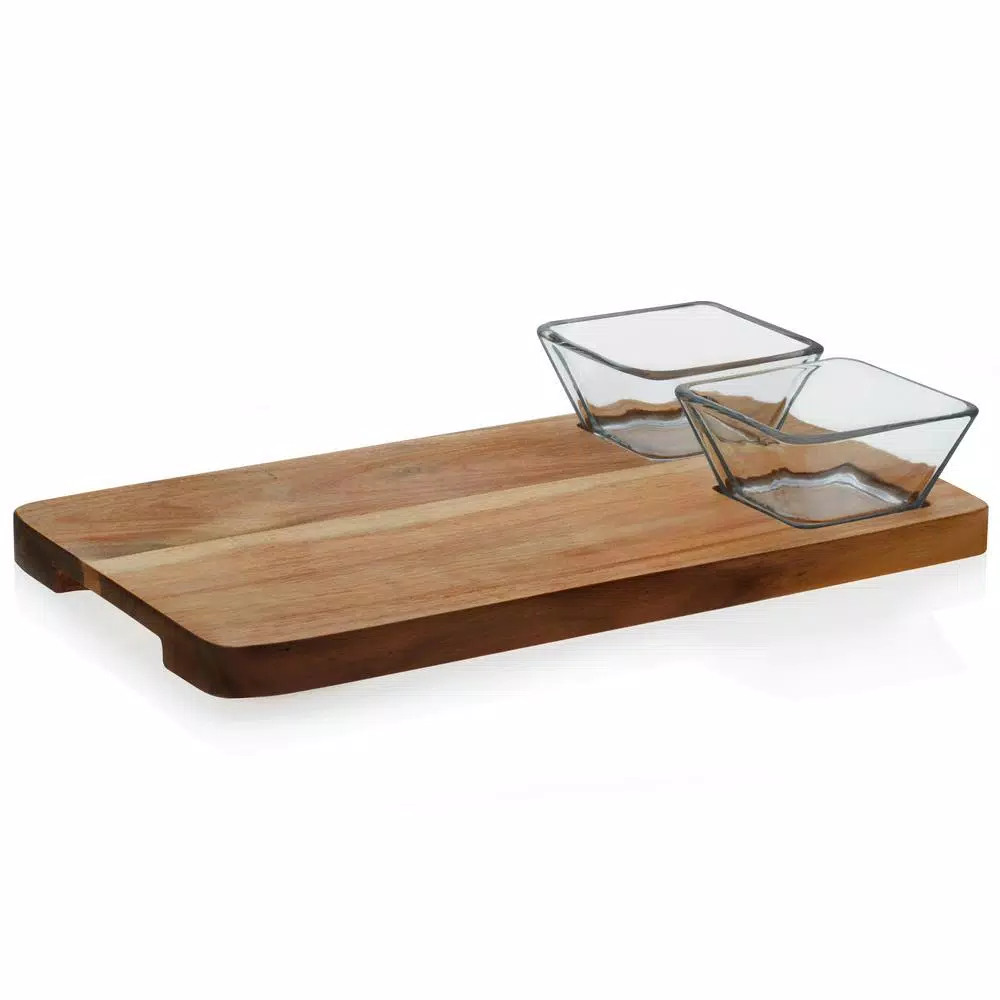 Libbey Acaciawood 2-Piece Glass Dipping Bowl Set With Wood Serving Board