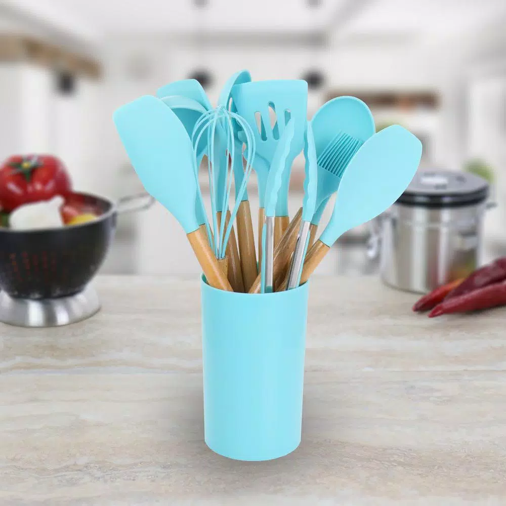 MegaChef Light Teal Silicone And Wood Cooking Utensils (Set Of 12) - Image 5