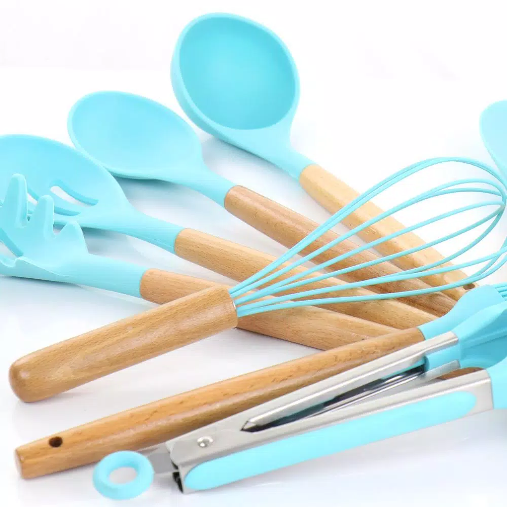 MegaChef Light Teal Silicone And Wood Cooking Utensils (Set Of 12) - Image 3