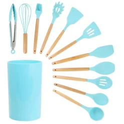MegaChef Light Teal Silicone And Wood Cooking Utensils (Set Of 12)