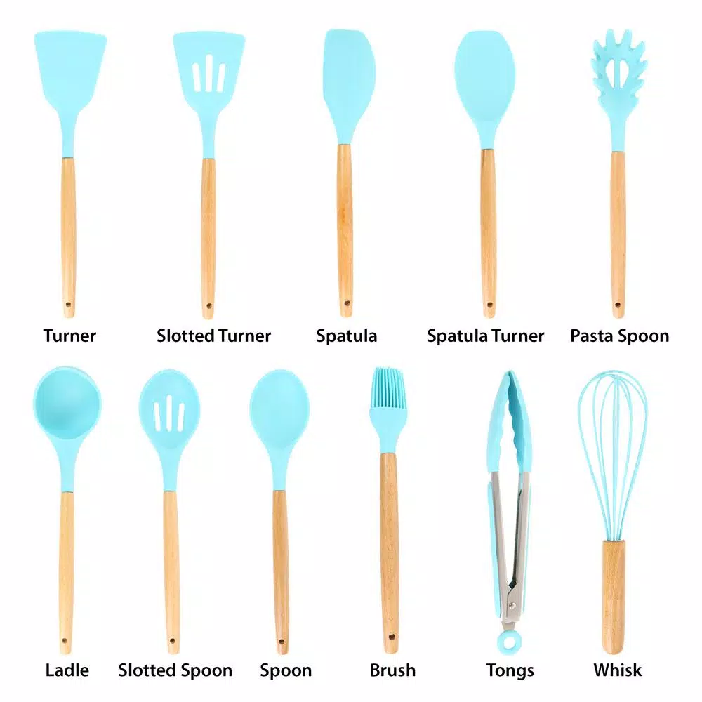 MegaChef Light Teal Silicone And Wood Cooking Utensils (Set Of 12) - Image 6