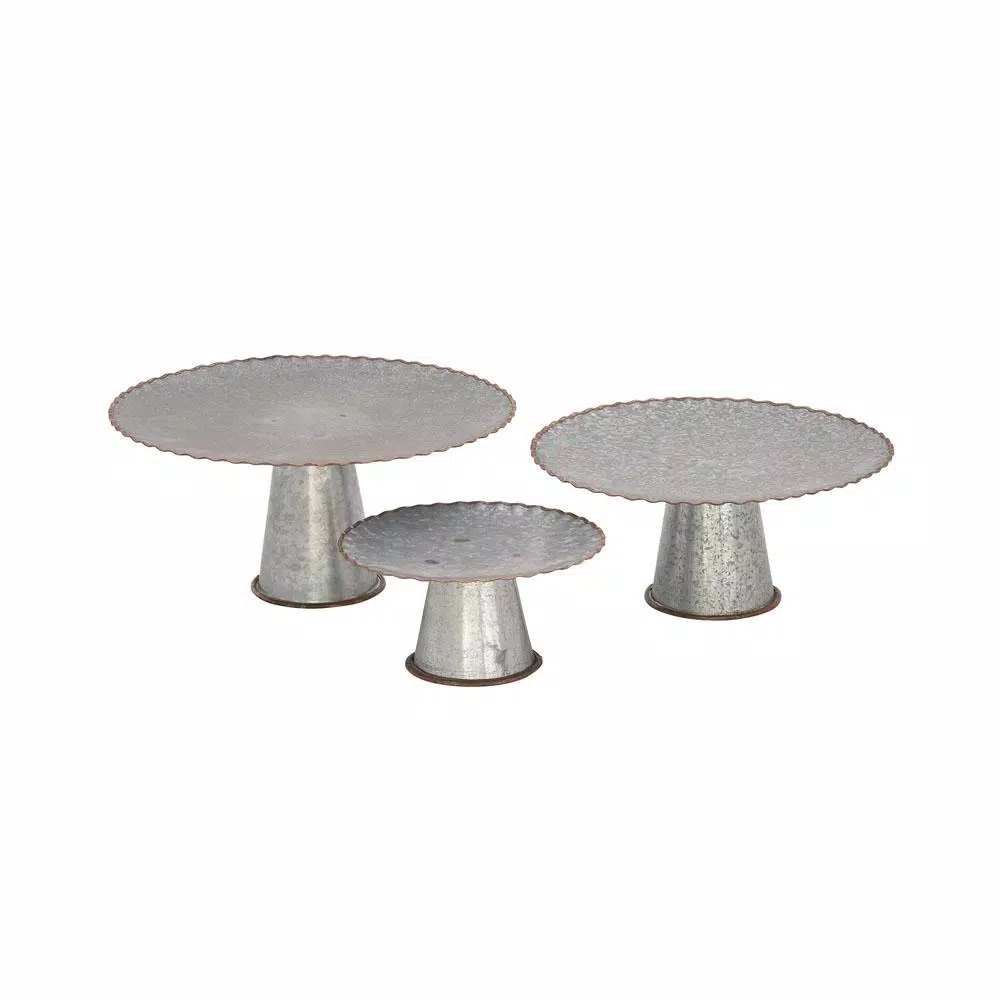 LITTON LANE Round Gray Iron Cake Stands With Copper Scalloped Edges (Set Of 3)