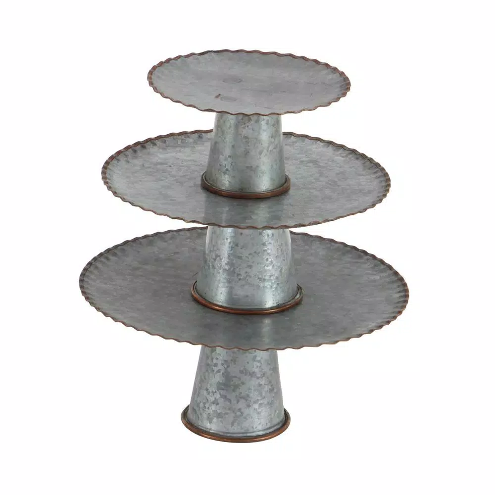 LITTON LANE Round Gray Iron Cake Stands With Copper Scalloped Edges (Set Of 3) - Image 3