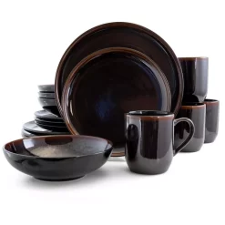 Elama Midnight Beach 16-Piece Modern Metallic Black Stoneware Dinnerware Set (Service For 4)