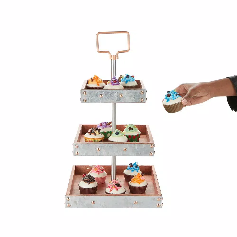 Mind Reader 3-Tier Silver Cake Stand For Party Pastry Display Cupcake Stand Holder With Handle - Image 4