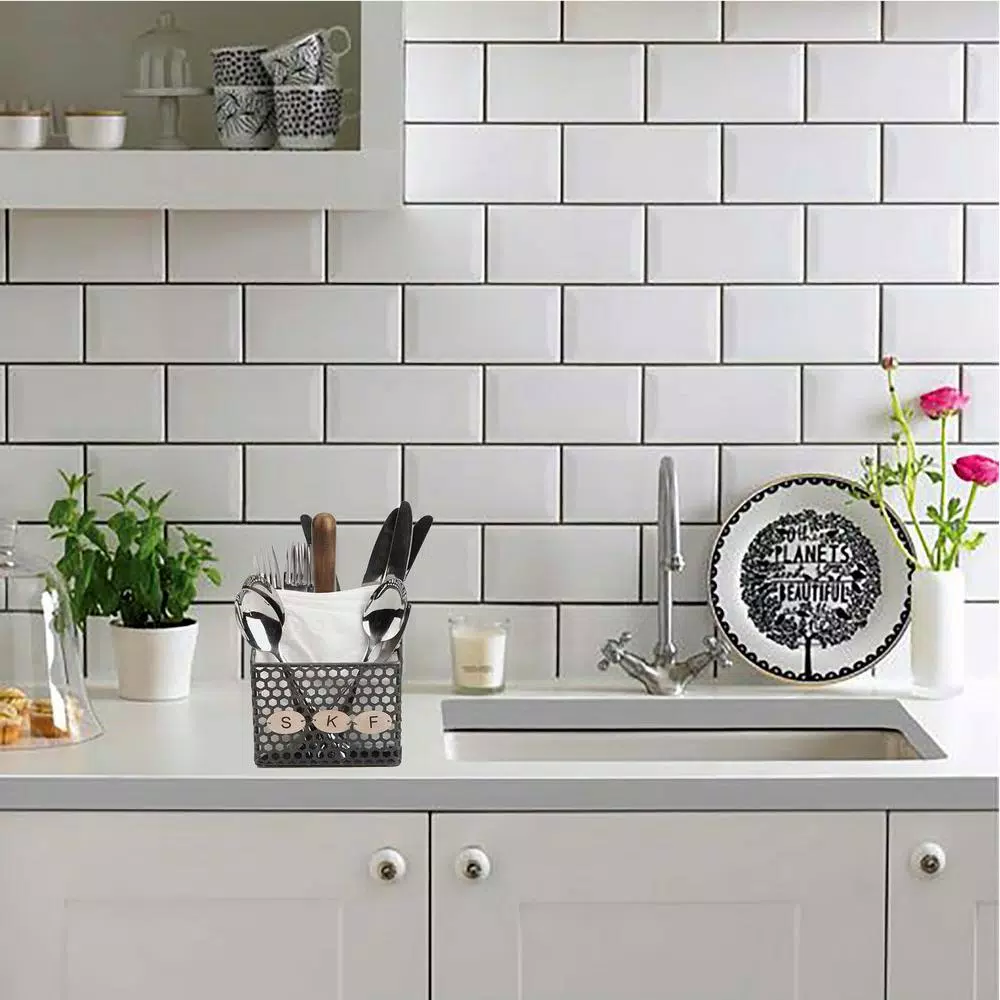 Mind Reader Black Metal 4-Compartment Utensil Basket Flatware Cutlery Holder Silverware Organizer With Wood Handle - Image 7