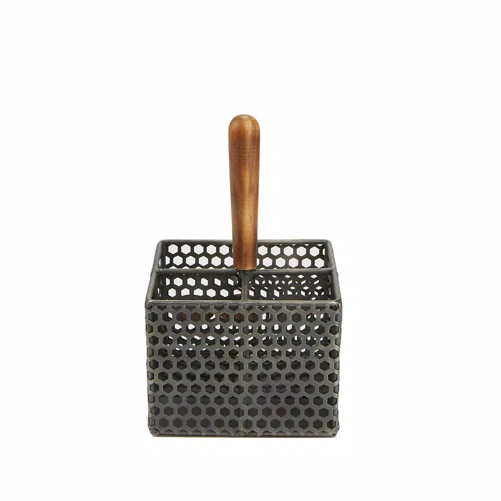 Mind Reader Black Metal 4-Compartment Utensil Basket Flatware Cutlery Holder Silverware Organizer With Wood Handle - Image 5