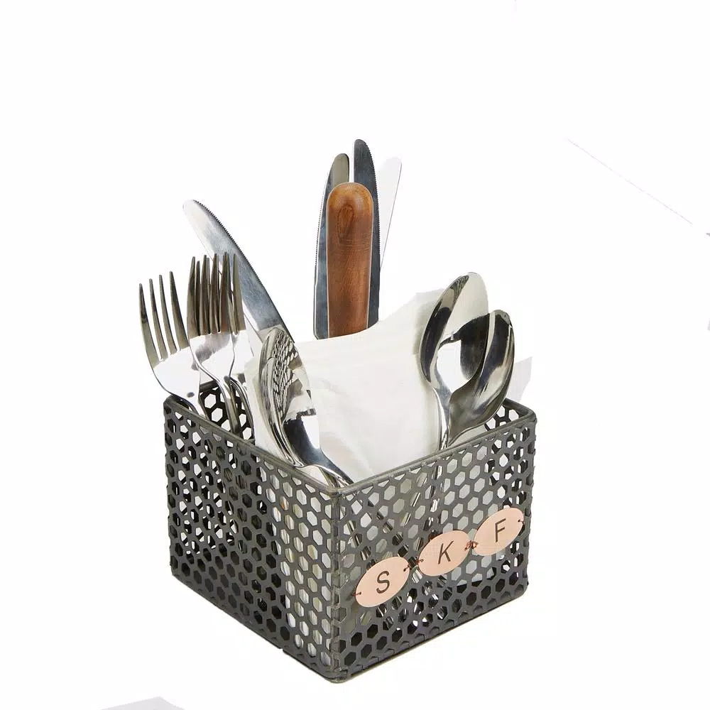 Mind Reader Black Metal 4-Compartment Utensil Basket Flatware Cutlery Holder Silverware Organizer With Wood Handle - Image 3