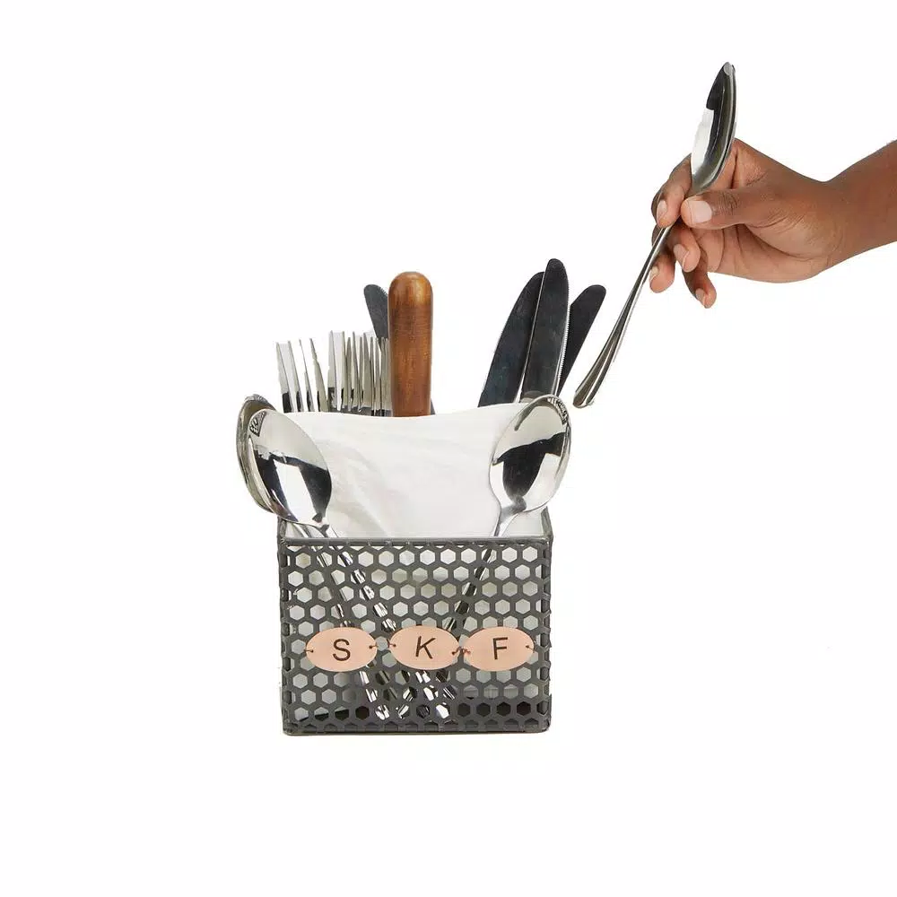 Mind Reader Black Metal 4-Compartment Utensil Basket Flatware Cutlery Holder Silverware Organizer With Wood Handle - Image 2