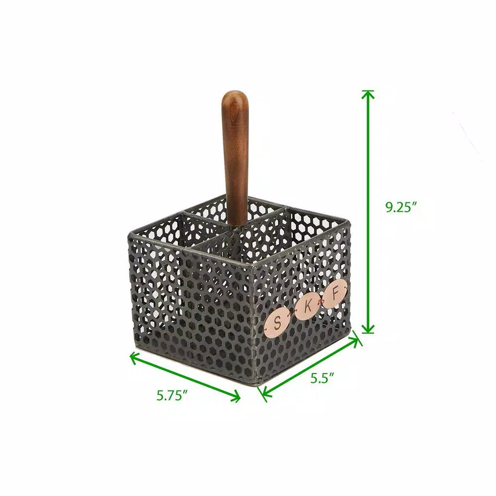 Mind Reader Black Metal 4-Compartment Utensil Basket Flatware Cutlery Holder Silverware Organizer With Wood Handle - Image 6