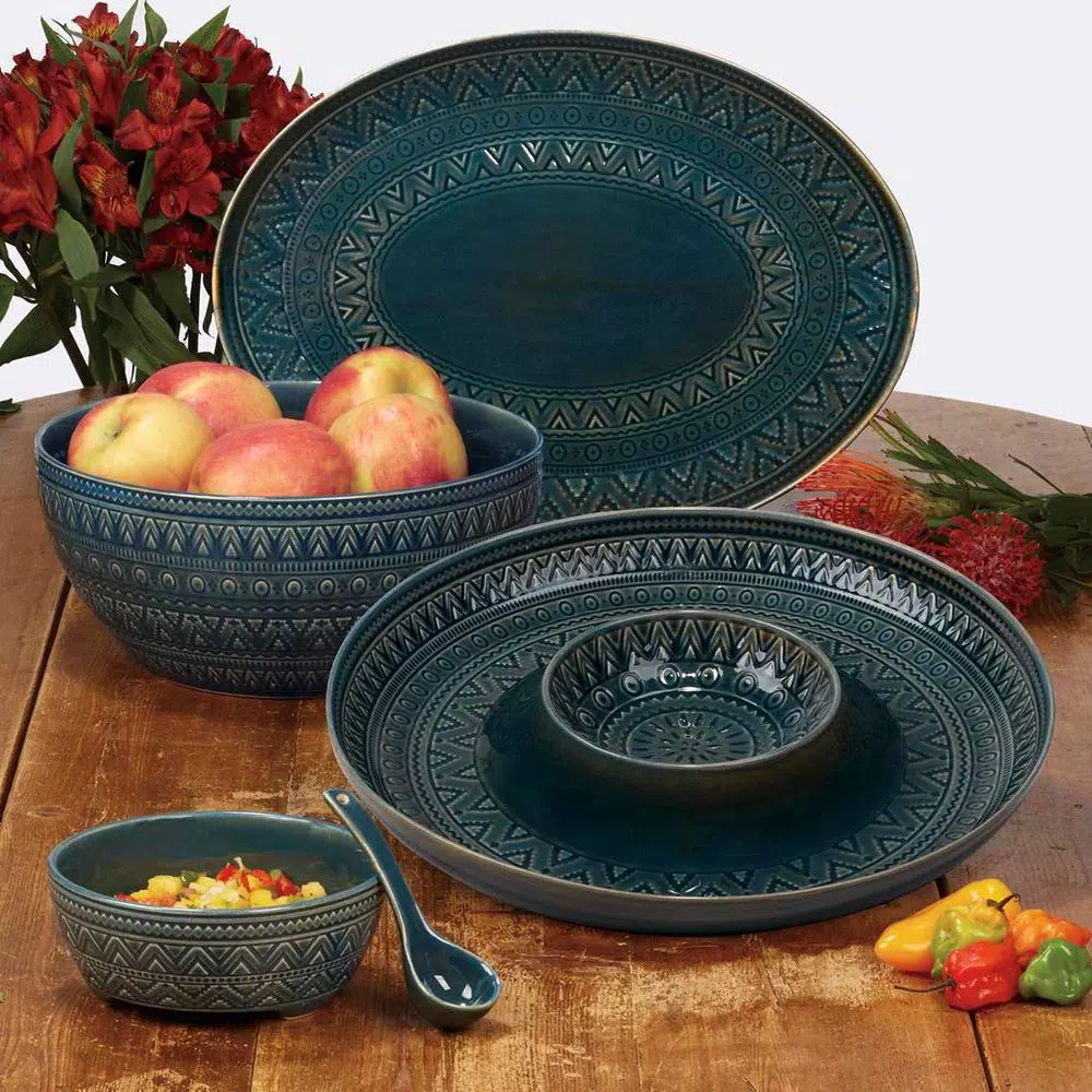 Certified International Multi-Colored 88 Oz. Aztec Teal Bean Pot - Image 2