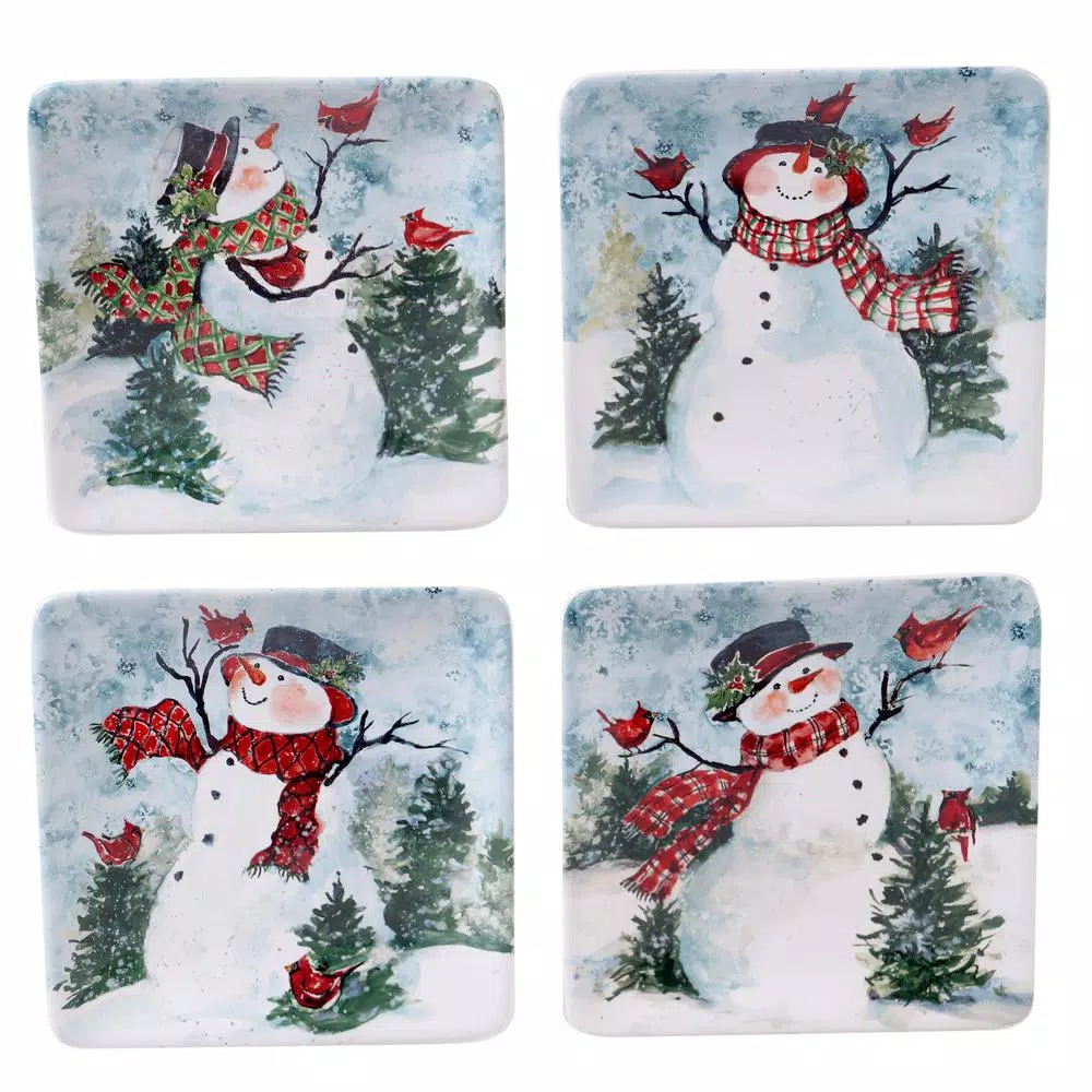 Certified International Watercolor Snowman 4-Piece Holiday Multicolored Earthenware 6 In. Canape Plate Set (Service For 4) - Image 2
