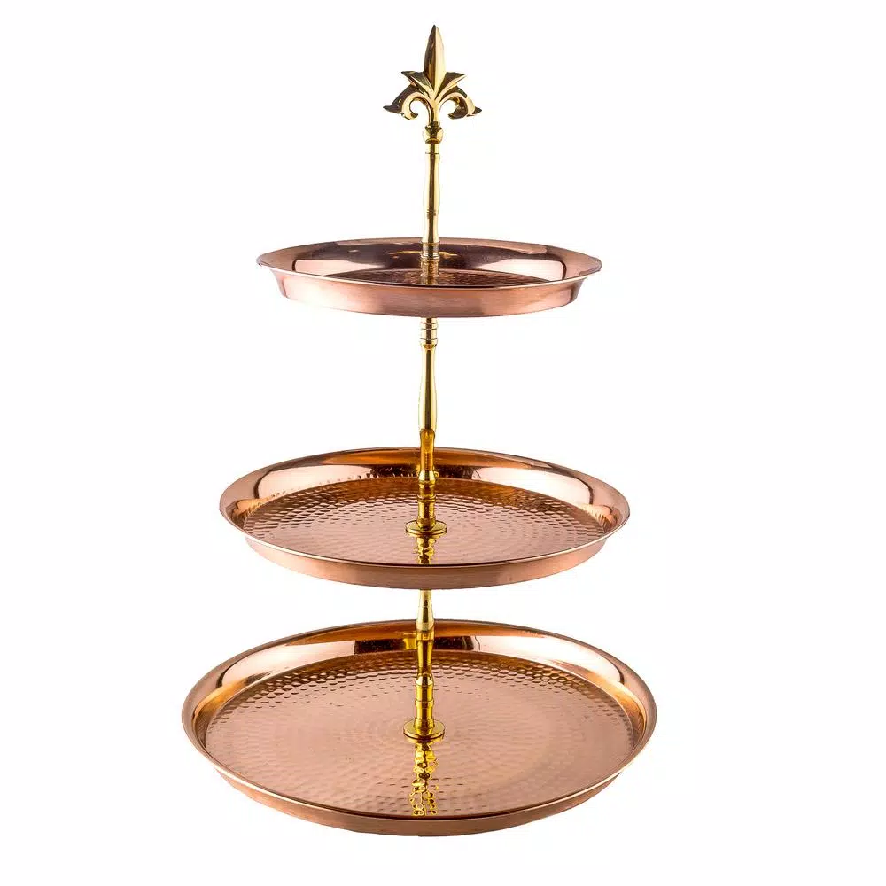 Old Dutch 3-Tier Hammered Solid Copper Serving Tray With Brass Stem