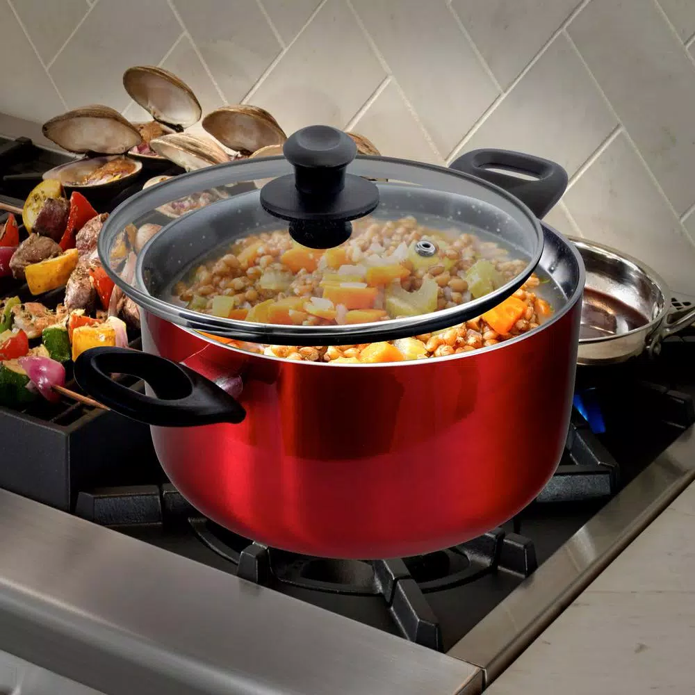 Oster Merrion 6 Qt. Round Aluminum Nonstick Dutch Oven In Red With Glass Lid - Image 3
