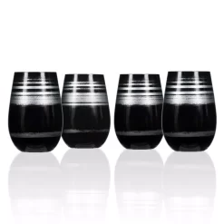 Rolf Glass Cosmo 16.5 Oz. Stemless Wine Tumbler – Black/Silver (Set Of 4)