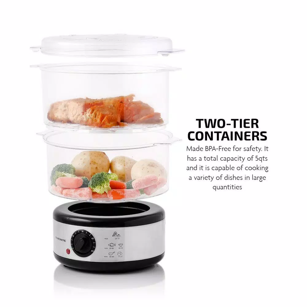 Ovente 20-Cup Silver 2-Tier Food Steamer With Stainless Steel Base And Plastic Containers - Image 3