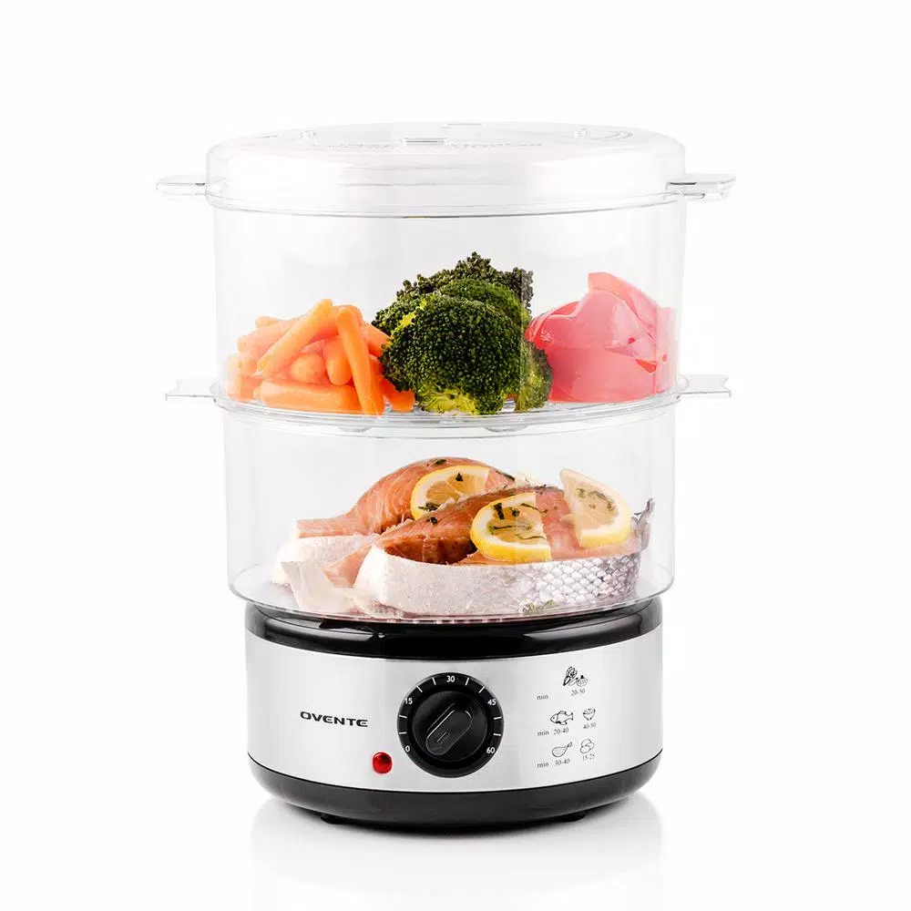 Ovente 20-Cup Silver 2-Tier Food Steamer With Stainless Steel Base And Plastic Containers