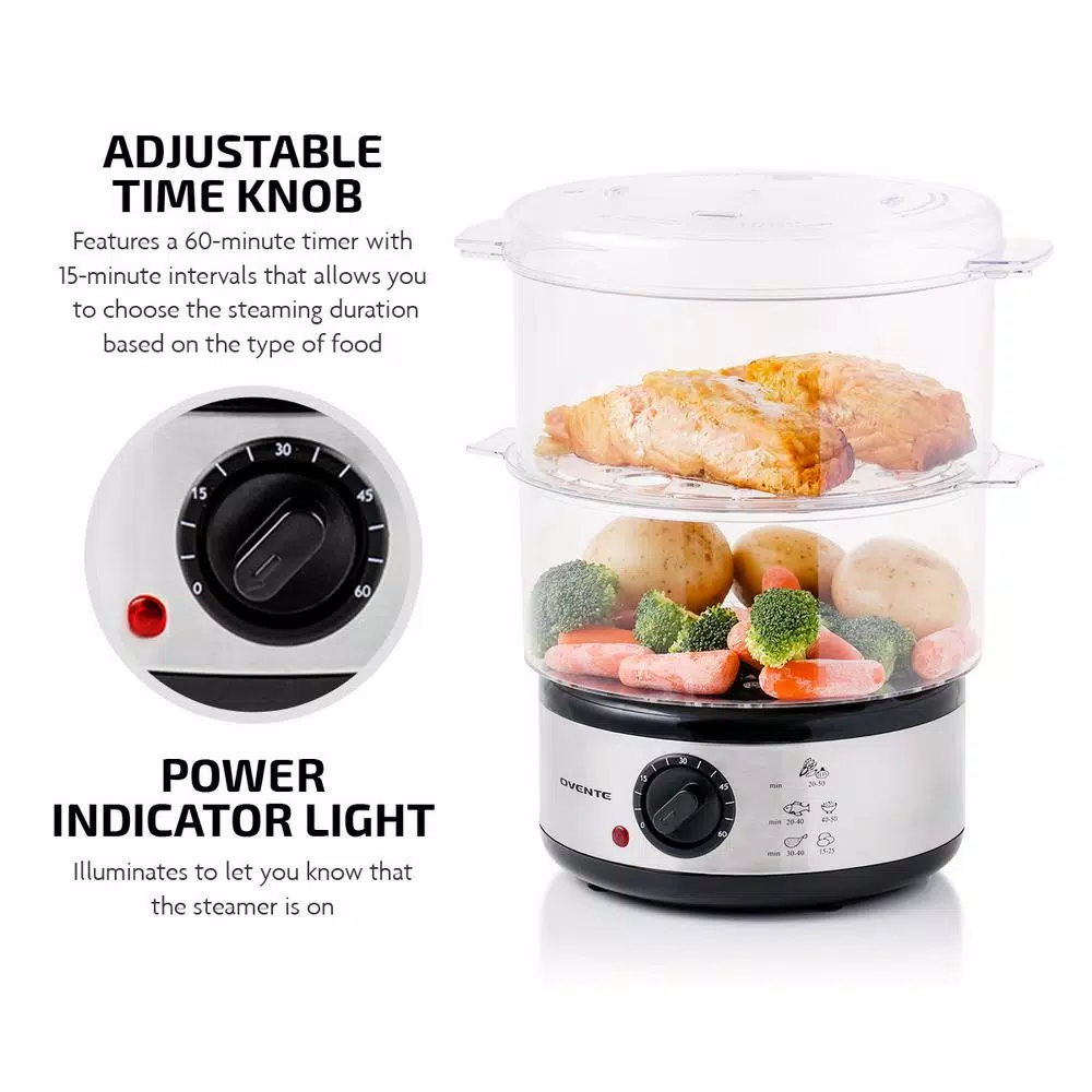 Ovente 20-Cup Silver 2-Tier Food Steamer With Stainless Steel Base And Plastic Containers - Image 2